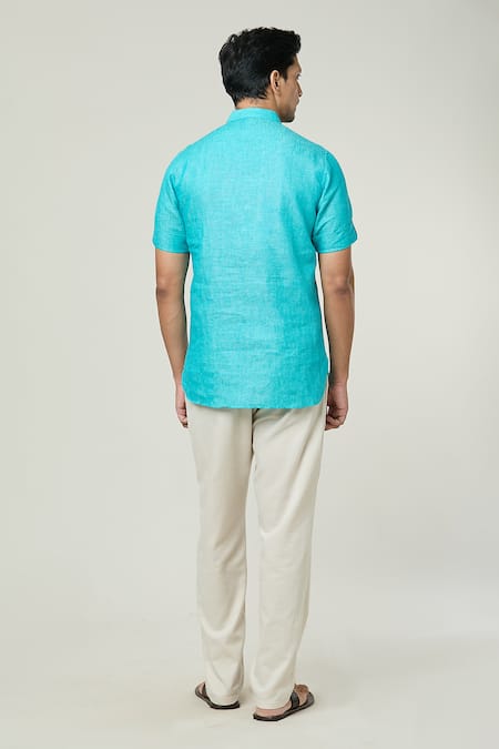 Shop_Arihant Rai Sinha_Blue Linen Half Sleeve Kurta _at_Aza_Fashions