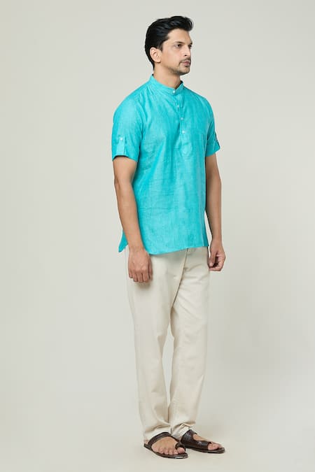 Arihant Rai Sinha_Blue Linen Half Sleeve Kurta _Online_at_Aza_Fashions