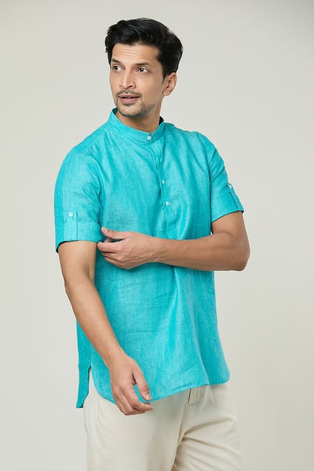 Buy_Arihant Rai Sinha_Blue Linen Half Sleeve Kurta _Online_at_Aza_Fashions