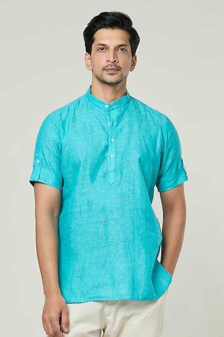 Arihant Rai Sinha_Blue Linen Half Sleeve Kurta _at_Aza_Fashions