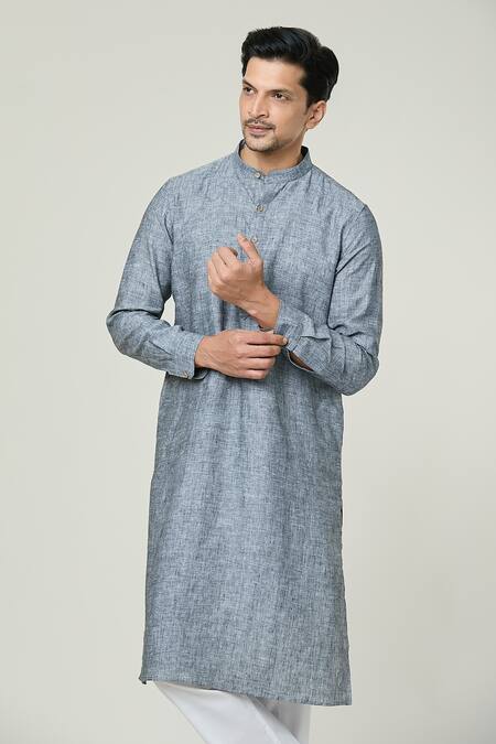 Shop_Arihant Rai Sinha_Grey Linen Textured Pattern Kurta _Online_at_Aza_Fashions