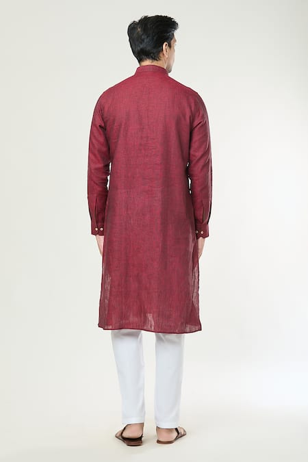 Shop Arihant Rai Sinha Maroon Linen Full Sleeve Straight Kurta at Aza Fashions Shop_Arihant Rai Sinha_Maroon Linen Full Sleeve Straight Kurta _at_Aza_Fashions