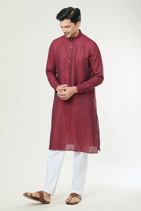 Arihant Rai Sinha Maroon Linen Full Sleeve Straight Kurta Online at Aza Fashions Arihant Rai Sinha_Maroon Linen Full Sleeve Straight Kurta _Online_at_Aza_Fashions
