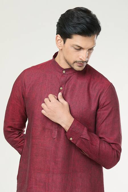 Buy Arihant Rai Sinha Maroon Linen Full Sleeve Straight Kurta Online at Aza Fashions Buy_Arihant Rai Sinha_Maroon Linen Full Sleeve Straight Kurta _Online_at_Aza_Fashions