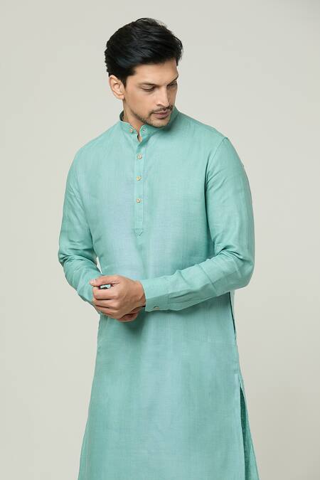 Shop Arihant Rai Sinha Blue Linen Plain Straight Kurta Online at Aza Fashions Shop_Arihant Rai Sinha_Blue Linen Plain Straight Kurta _Online_at_Aza_Fashions