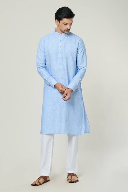 Arihant Rai Sinha_Blue Linen Plain Straight Kurta _Online_at_Aza_Fashions