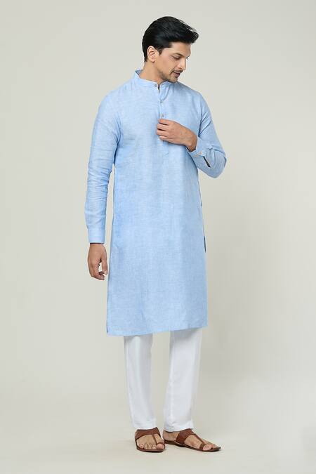 Buy_Arihant Rai Sinha_Blue Linen Plain Straight Kurta _Online_at_Aza_Fashions