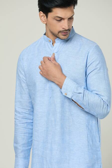 Shop_Arihant Rai Sinha_Blue Linen Plain Straight Kurta _Online_at_Aza_Fashions