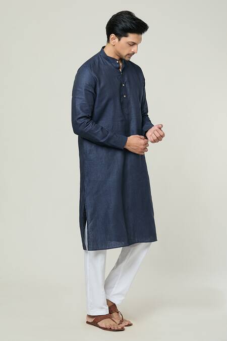 Arihant Rai Sinha_Blue Linen Solid Straight Kurta _Online_at_Aza_Fashions
