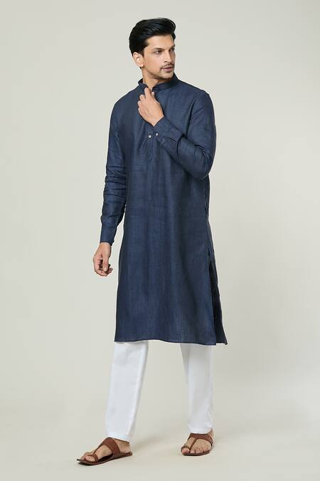 Buy_Arihant Rai Sinha_Blue Linen Solid Straight Kurta _Online_at_Aza_Fashions
