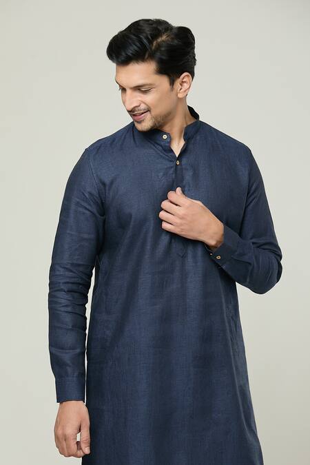 Shop_Arihant Rai Sinha_Blue Linen Solid Straight Kurta _Online_at_Aza_Fashions