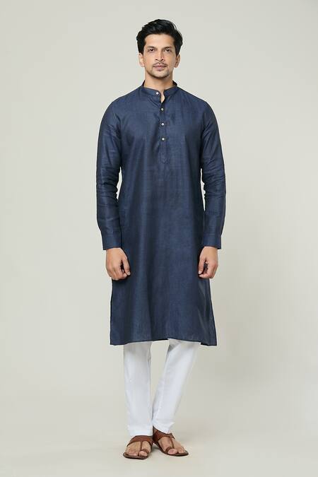 Arihant Rai Sinha_Blue Linen Solid Straight Kurta _at_Aza_Fashions