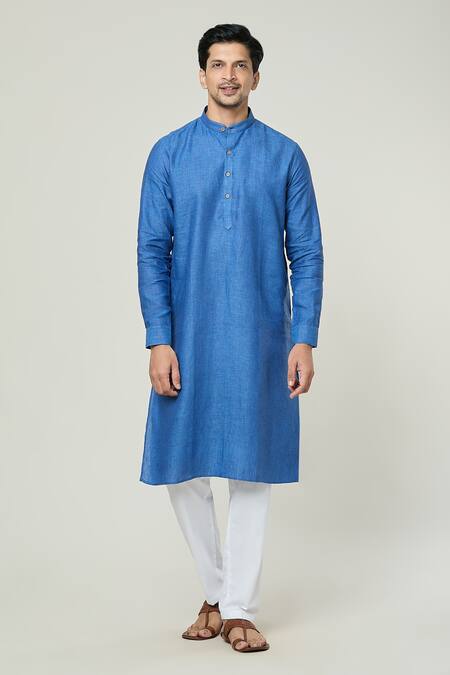 Arihant Rai Sinha_Blue Linen Straight Kurta _Online_at_Aza_Fashions