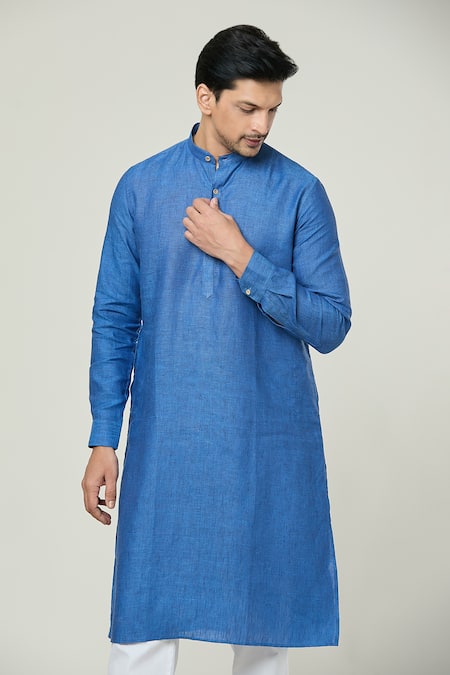 Shop_Arihant Rai Sinha_Blue Linen Straight Kurta _Online_at_Aza_Fashions