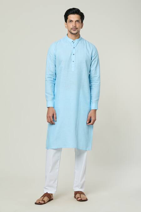 Arihant Rai Sinha_Blue Linen Plain Straight Kurta _Online_at_Aza_Fashions