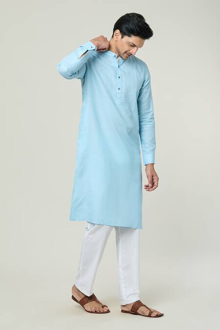 Buy_Arihant Rai Sinha_Blue Linen Plain Straight Kurta _Online_at_Aza_Fashions