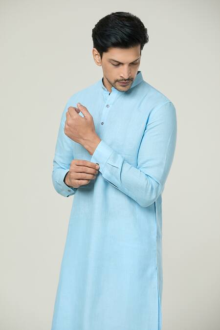 Shop_Arihant Rai Sinha_Blue Linen Plain Straight Kurta _Online_at_Aza_Fashions