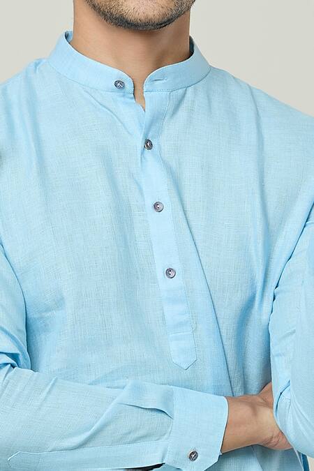 Arihant Rai Sinha_Blue Linen Plain Straight Kurta _at_Aza_Fashions