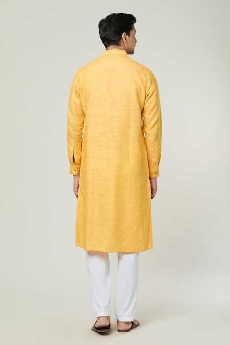 Shop Arihant Rai Sinha Yellow Linen Straight Long Kurta at Aza Fashions Shop_Arihant Rai Sinha_Yellow Linen Straight Long Kurta _at_Aza_Fashions