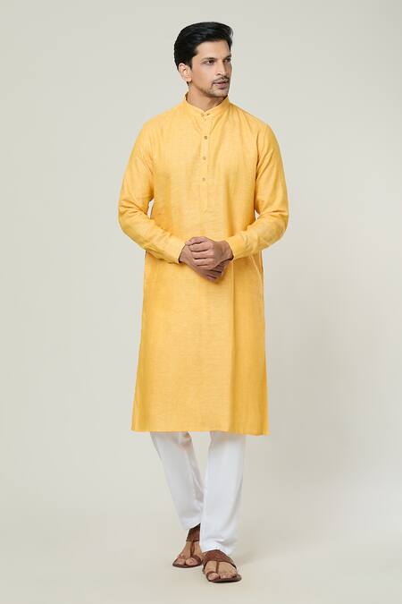 Arihant Rai Sinha Yellow Linen Straight Long Kurta Online at Aza Fashions Arihant Rai Sinha_Yellow Linen Straight Long Kurta _Online_at_Aza_Fashions