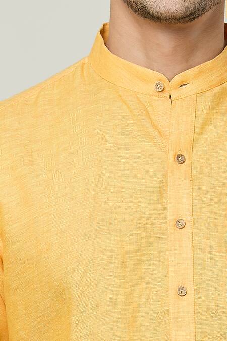 Shop Arihant Rai Sinha Yellow Linen Straight Long Kurta Online at Aza Fashions Shop_Arihant Rai Sinha_Yellow Linen Straight Long Kurta _Online_at_Aza_Fashions