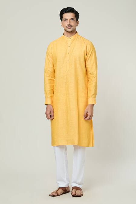 Arihant Rai Sinha Yellow Linen Straight Long Kurta at Aza Fashions Arihant Rai Sinha_Yellow Linen Straight Long Kurta _at_Aza_Fashions