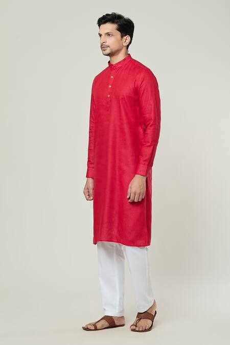 Arihant Rai Sinha_Red Linen Mandarin Collar Straight Kurta _Online_at_Aza_Fashions
