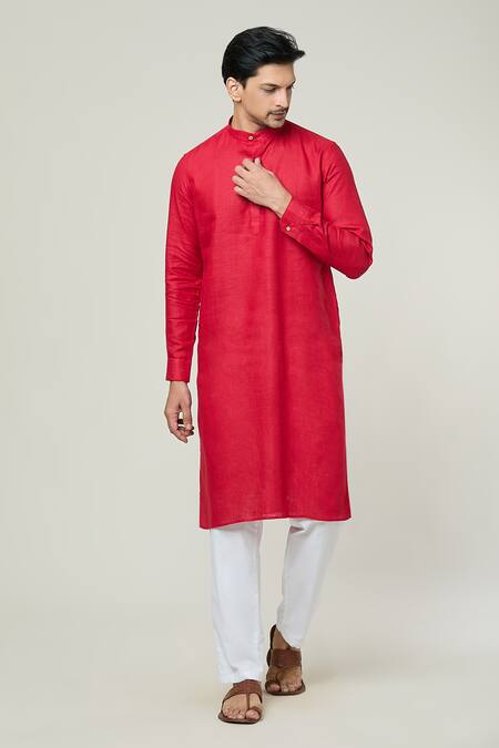 Buy_Arihant Rai Sinha_Red Linen Mandarin Collar Straight Kurta _Online_at_Aza_Fashions