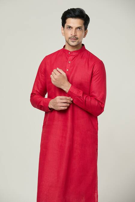 Shop_Arihant Rai Sinha_Red Linen Mandarin Collar Straight Kurta _Online_at_Aza_Fashions