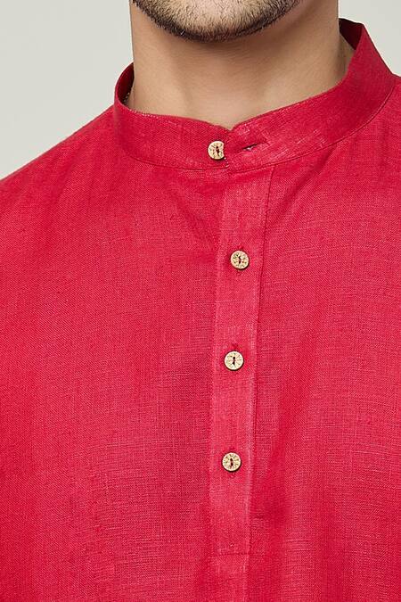 Arihant Rai Sinha_Red Linen Mandarin Collar Straight Kurta _at_Aza_Fashions