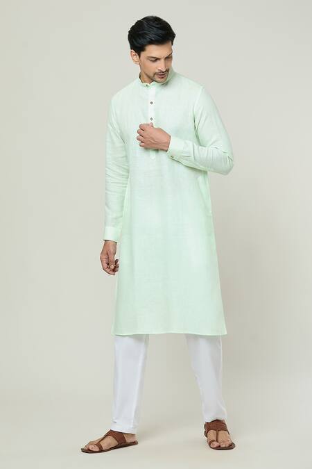 Arihant Rai Sinha_Green Linen Full Sleeve Solid Kurta _Online_at_Aza_Fashions