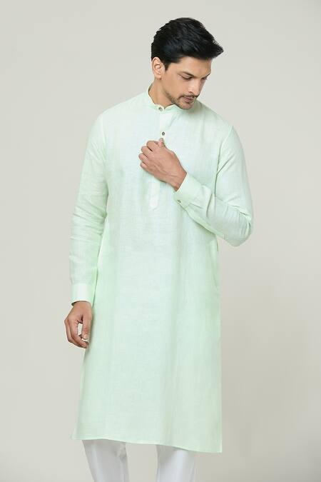 Buy_Arihant Rai Sinha_Green Linen Full Sleeve Solid Kurta _Online_at_Aza_Fashions