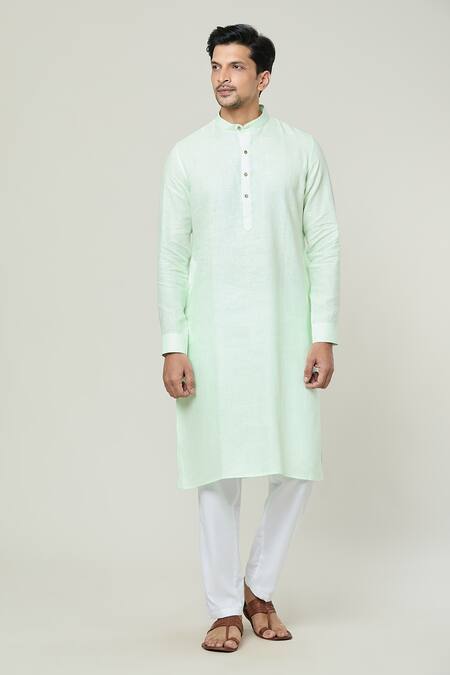 Arihant Rai Sinha_Green Linen Full Sleeve Solid Kurta _at_Aza_Fashions