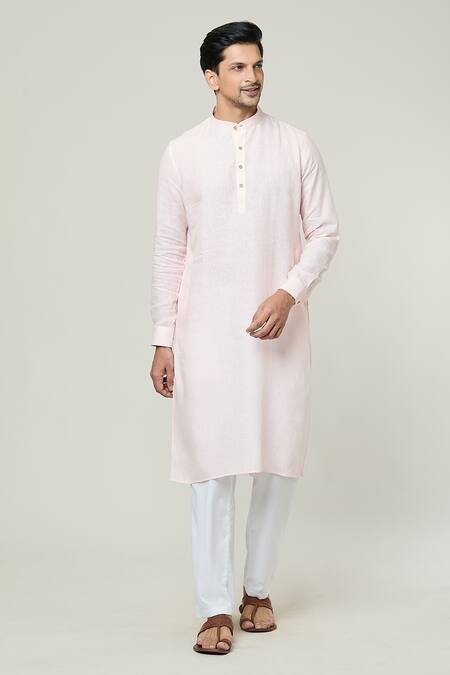 Arihant Rai Sinha_Pink Linen Mandarin Collar Plain Kurta _Online_at_Aza_Fashions