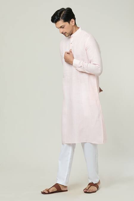Buy_Arihant Rai Sinha_Pink Linen Mandarin Collar Plain Kurta _Online_at_Aza_Fashions