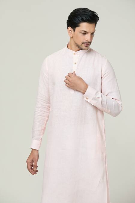 Shop_Arihant Rai Sinha_Pink Linen Mandarin Collar Plain Kurta _Online_at_Aza_Fashions