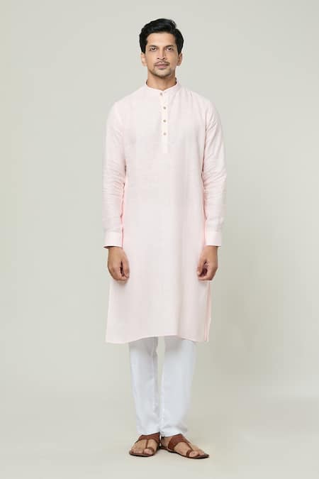 Arihant Rai Sinha_Pink Linen Mandarin Collar Plain Kurta _at_Aza_Fashions