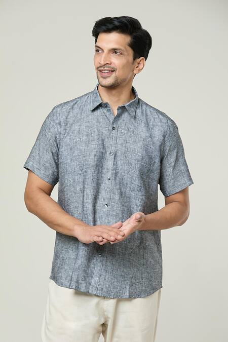 Aryavir Malhotra Grey Linen Textured Shirt Online at Aza Fashions Aryavir Malhotra_Grey Linen Textured Shirt _Online_at_Aza_Fashions