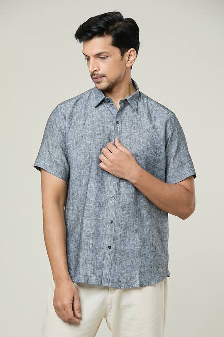 Shop Aryavir Malhotra Grey Linen Textured Shirt Online at Aza Fashions Shop_Aryavir Malhotra_Grey Linen Textured Shirt _Online_at_Aza_Fashions