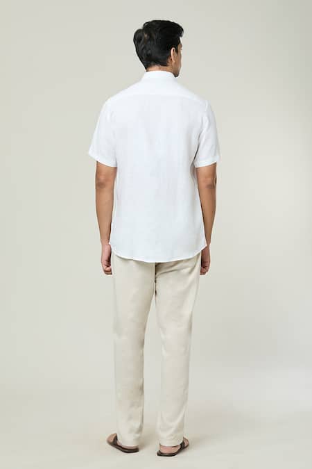 Shop Aryavir Malhotra White Linen Solid Half Sleeves Shirt at Aza Fashions Shop_Aryavir Malhotra_White Linen Solid Half Sleeves Shirt _at_Aza_Fashions