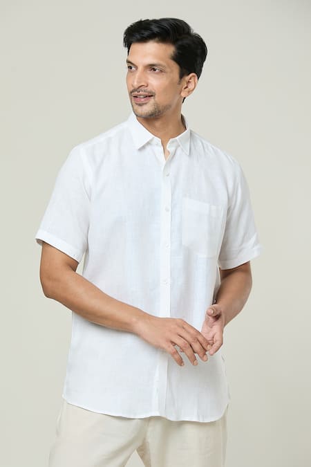 Aryavir Malhotra White Linen Solid Half Sleeves Shirt Online at Aza Fashions Aryavir Malhotra_White Linen Solid Half Sleeves Shirt _Online_at_Aza_Fashions