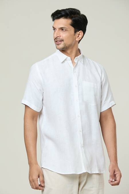 Buy Aryavir Malhotra White Linen Solid Half Sleeves Shirt Online at Aza Fashions Buy_Aryavir Malhotra_White Linen Solid Half Sleeves Shirt _Online_at_Aza_Fashions