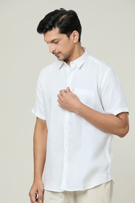 Shop Aryavir Malhotra White Linen Solid Half Sleeves Shirt Online at Aza Fashions Shop_Aryavir Malhotra_White Linen Solid Half Sleeves Shirt _Online_at_Aza_Fashions