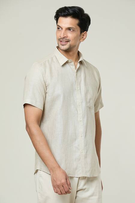 Aryavir Malhotra Beige Linen Plain Shirt Online at Aza Fashions Aryavir Malhotra_Beige Linen Plain Shirt _Online_at_Aza_Fashions
