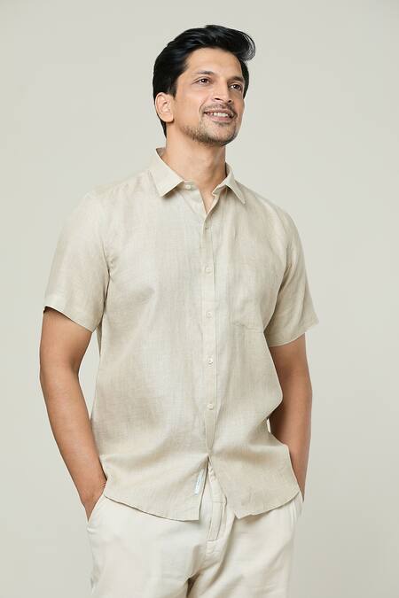 Buy Aryavir Malhotra Beige Linen Plain Shirt Online at Aza Fashions Buy_Aryavir Malhotra_Beige Linen Plain Shirt _Online_at_Aza_Fashions