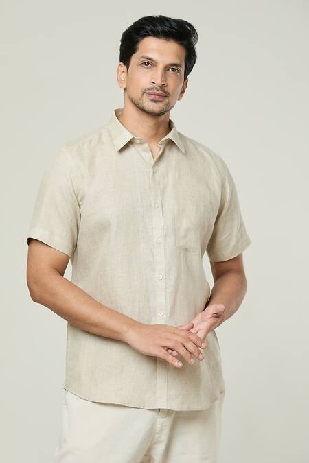 Shop Aryavir Malhotra Beige Linen Plain Shirt Online at Aza Fashions Shop_Aryavir Malhotra_Beige Linen Plain Shirt _Online_at_Aza_Fashions