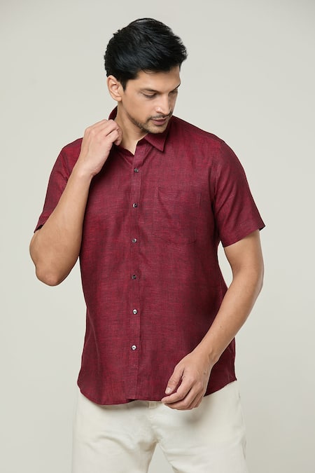 Buy_Aryavir Malhotra_Maroon Linen Textured Half Sleeves Shirt _Online_at_Aza_Fashions
