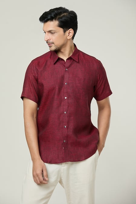 Shop_Aryavir Malhotra_Maroon Linen Textured Half Sleeves Shirt _Online_at_Aza_Fashions