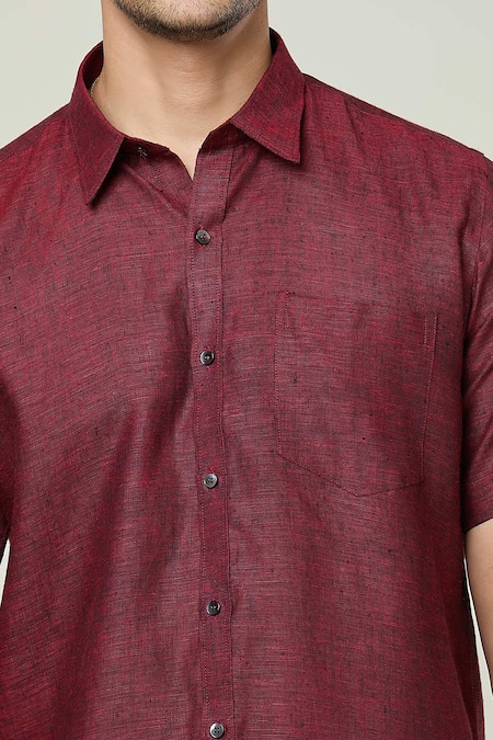 Aryavir Malhotra_Maroon Linen Textured Half Sleeves Shirt _at_Aza_Fashions