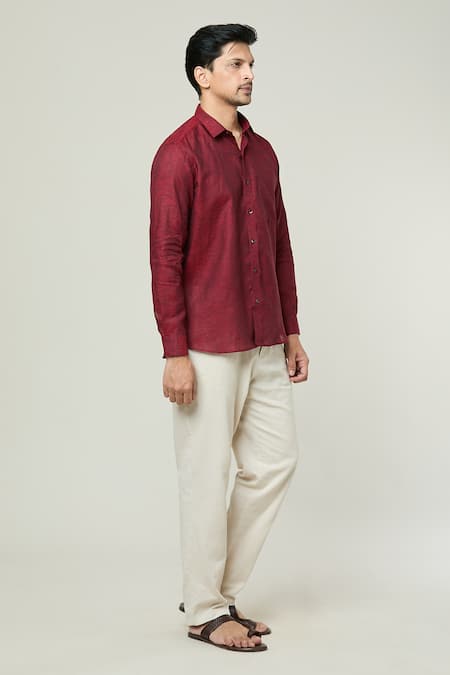Aryavir Malhotra Maroon Linen Textured Full Sleeves Shirt Online at Aza Fashions Aryavir Malhotra_Maroon Linen Textured Full Sleeves Shirt _Online_at_Aza_Fashions